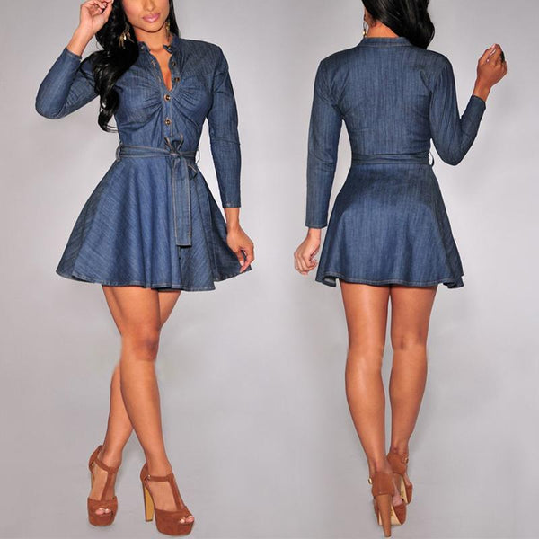 Denim Pleated Button Design Belted Casual Dress