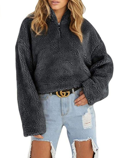 AliExpress wish Amazon 2018 autumn and winter explosion models ladies hot zipper high collar loose short plush sweater