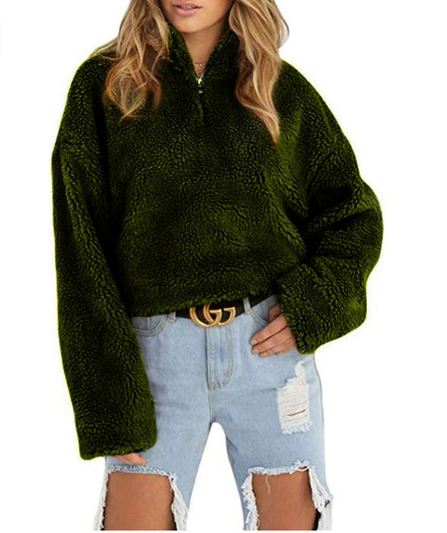 AliExpress wish Amazon 2018 autumn and winter explosion models ladies hot zipper high collar loose short plush sweater