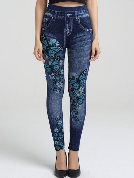 Floral Print Butterfly Faux Denim Leggings