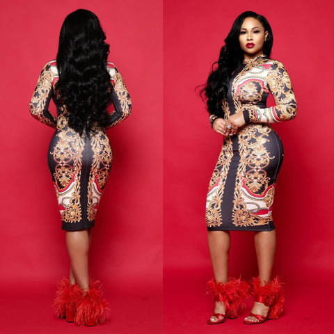 Retro Baroque Print Midi Bodycon Dress