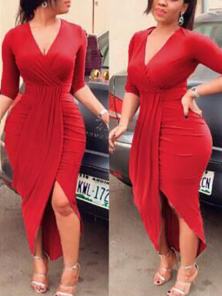 Long Sleeve Deep V Neck Split Ruched Wrap Bodycon Dress Cocktail Dress