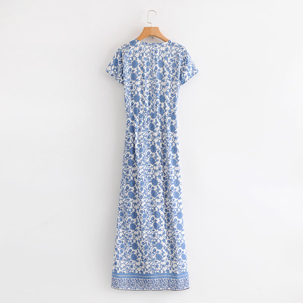 Women's blue and white V-neck printed beach dress