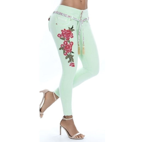 Women's Fashion Sexy Floral Print Skinny Jeans Denim Long Pants