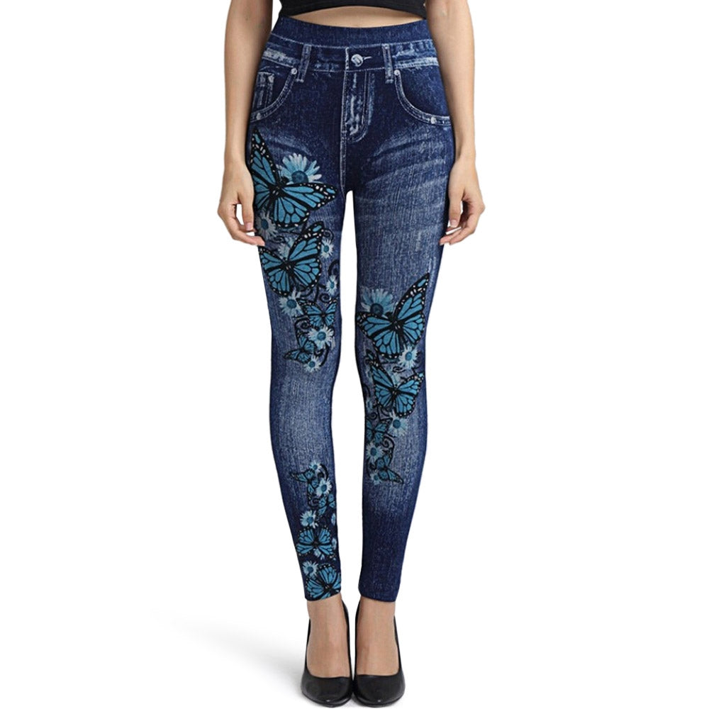 Floral Print Butterfly Faux Denim Leggings