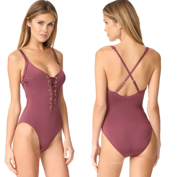 New lace-up one-piece swimsuit ladies sexy solid color bikini