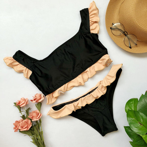 New solid color split swimsuit explosion models sleeves lotus leaf lace bikini