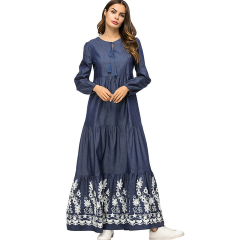 Middle Eastern Muslim robes denim stitching embroidered fishtail pleated long-sleeved dress