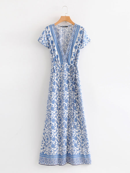 Women's blue and white V-neck printed beach dress