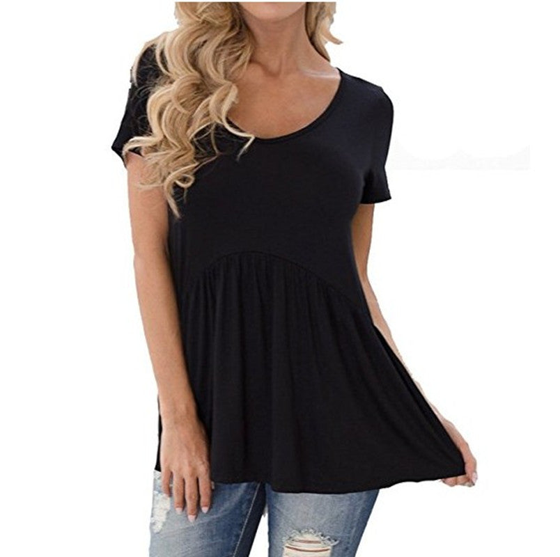 Europe and the United States women's new solid color U-neck pleated short-sleeved T-shirt