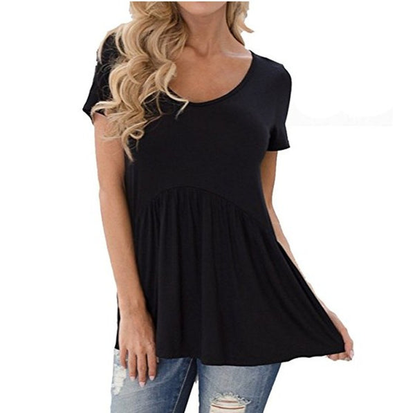 Europe and the United States women's new solid color U-neck pleated short-sleeved T-shirt