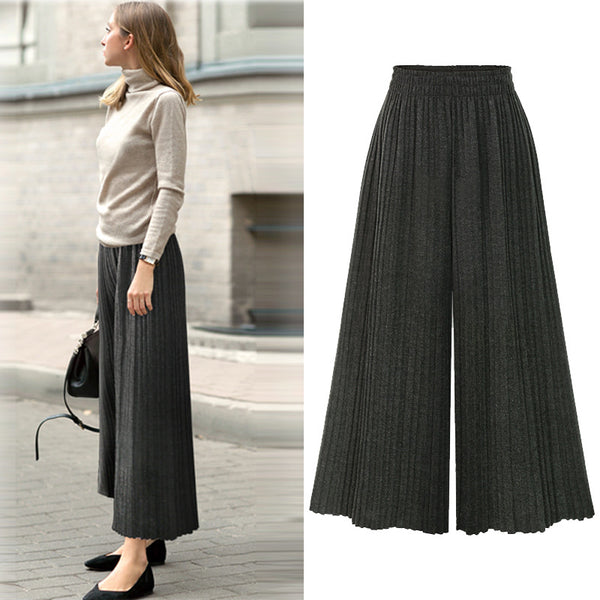 Spring and autumn large size women's high waist pleated micro-la wide leg pants women's nine points casual pants