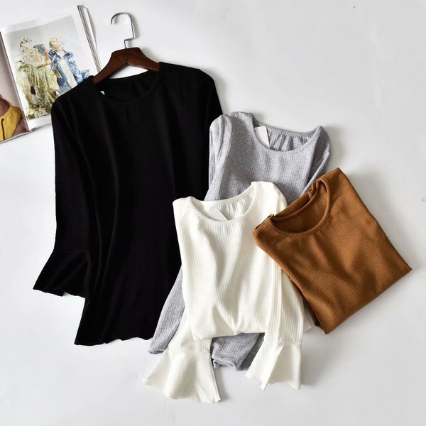 New women's solid color elastic long-sleeved T-shirt large size wild round neck shirt