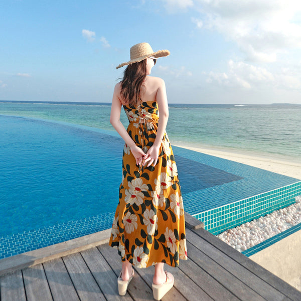 Maldives beach skirt fairy summer new seaside holiday dress sling print dress was thin