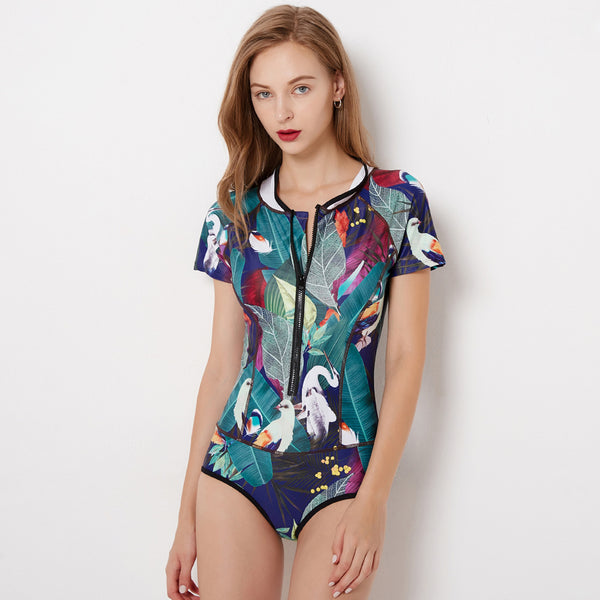 2019 Europe and America Siamese surf clothing short-sleeved women's swimwear hot spring swimwear