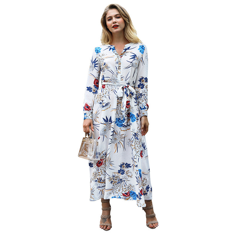 New women's printed V-neck long-sleeved dress