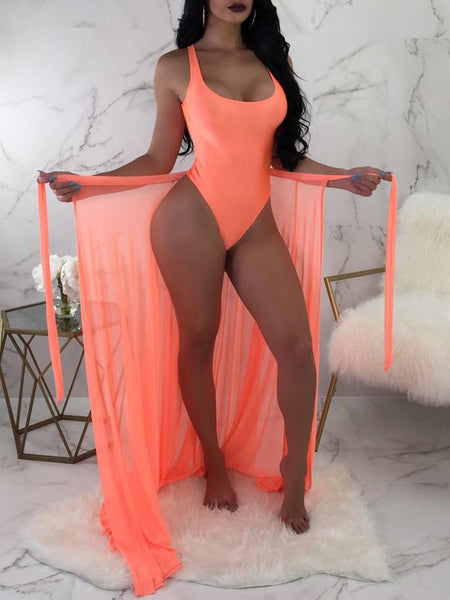 Solid One-Piece Tied Cover Up Swimwear