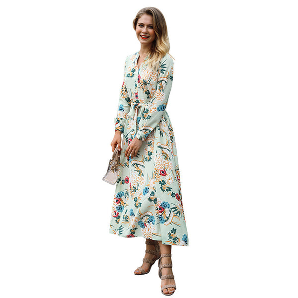 New women's printed V-neck long-sleeved dress