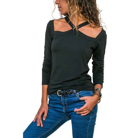 Hanging neck cross with strapless sexy long-sleeved T-shirt