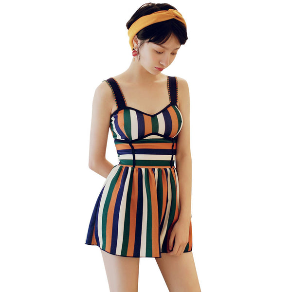 New one-piece swimsuit women's fashion knit striped stitching swimsuit