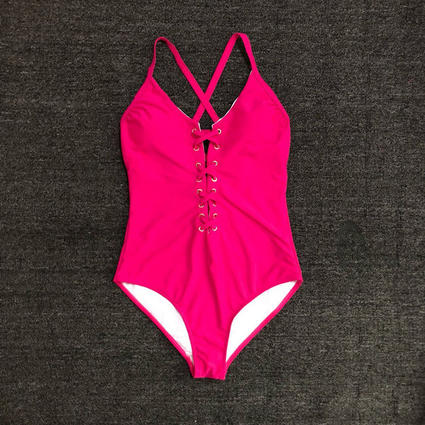 New lace-up one-piece swimsuit ladies sexy solid color bikini