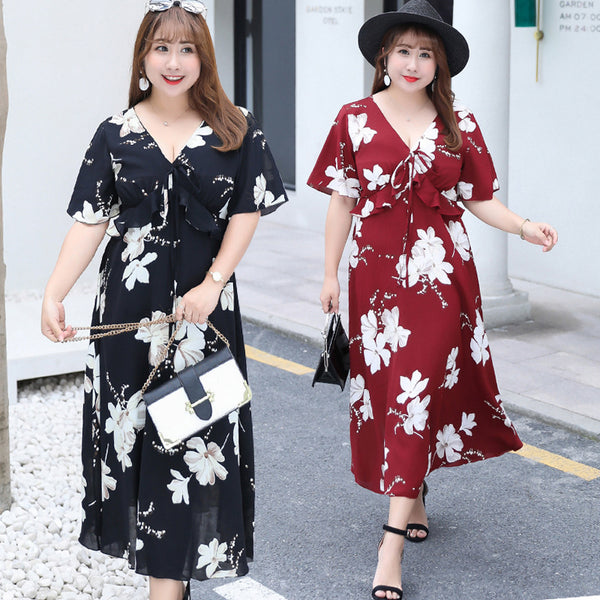 Spring and summer new fat sister plus fertilizer XL women's chiffon flower dress holiday beach skirt