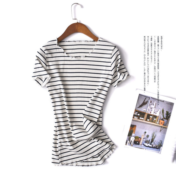 summer new striped half-sleeved T-shirt large size simple wild cotton round neck shirt