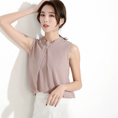 Spring and summer new high collar chiffon vest double sleeveless t-shirt loose sling