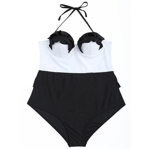 body black and white stitching lace sexy steel plate gathered Siamese women's swimsuit