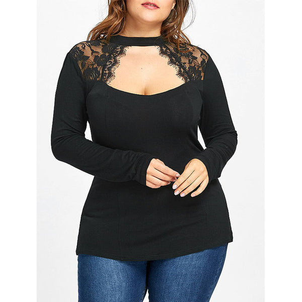 Europe and the United States loose casual lace bare chest long-sleeved solid color increase plus shirt T-shirt