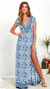 Women's blue and white V-neck printed beach dress