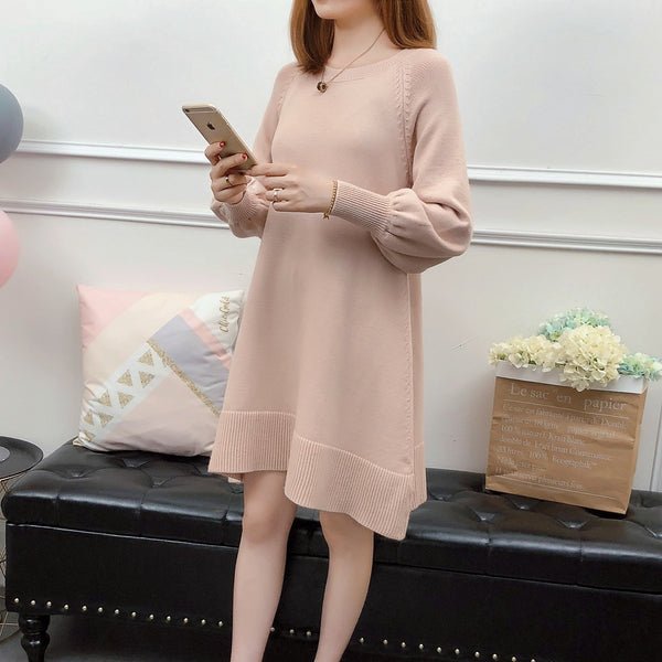 Spring and autumn new large size women's knit sweater bottoming shirt loose casual cover belly slim dress