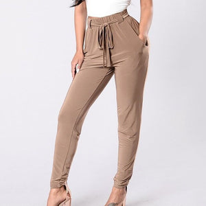 Belted solid color high waist pocket casual tights