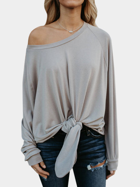 Women's long-sleeved solid color hem tied T-shirt tops