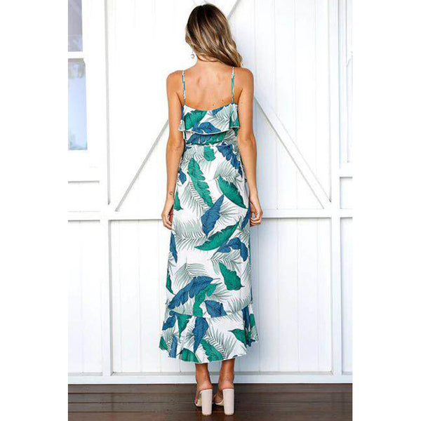 European and American printing V-neck sling ruffled midi skirt beach dress